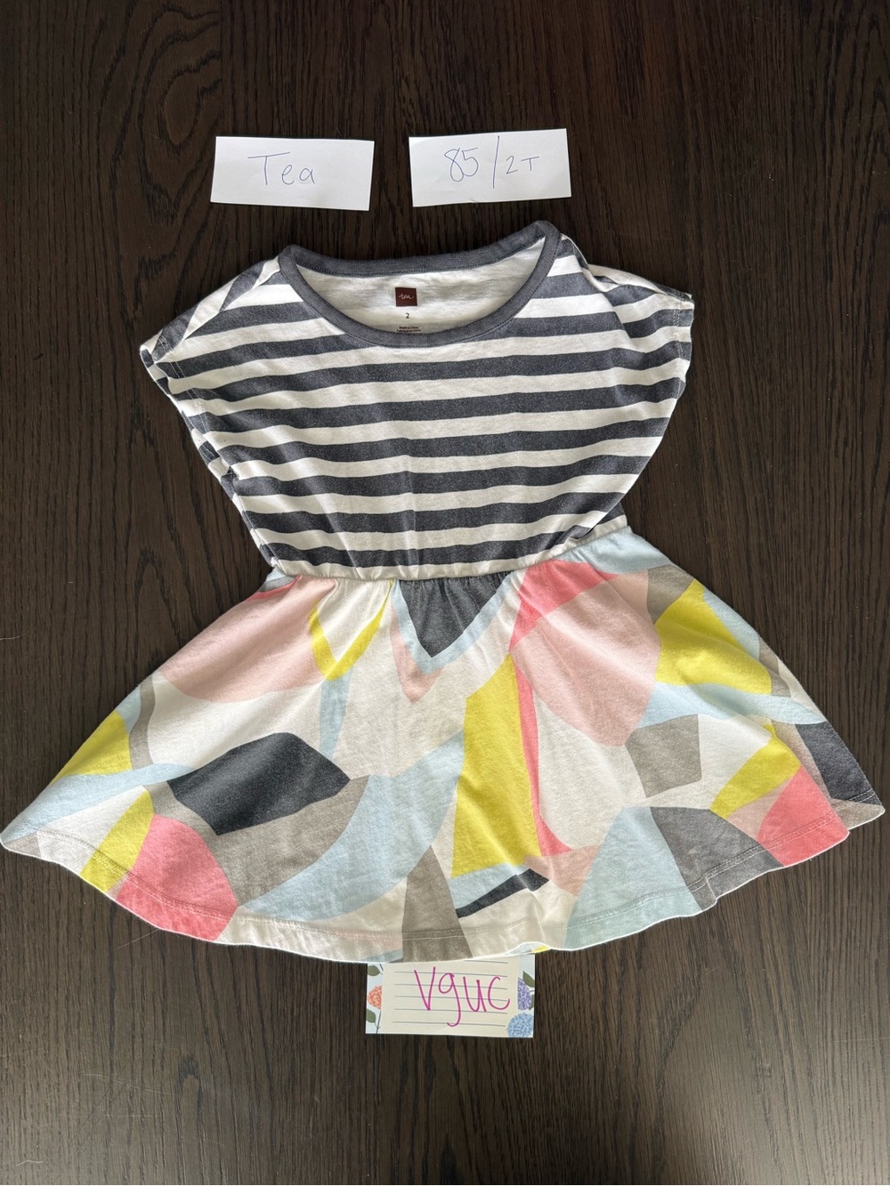 Tea Collection Gray and White Striped Top Colorful Abstract Skirt Dress